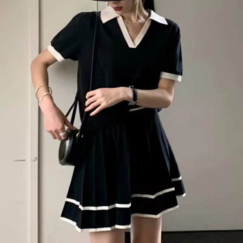 2025 New Summer 2 pieces Women's Sets Polo Collar Short Sleeve Tops and Pleated Sexy Mini Skirts Outfits Suit for Female