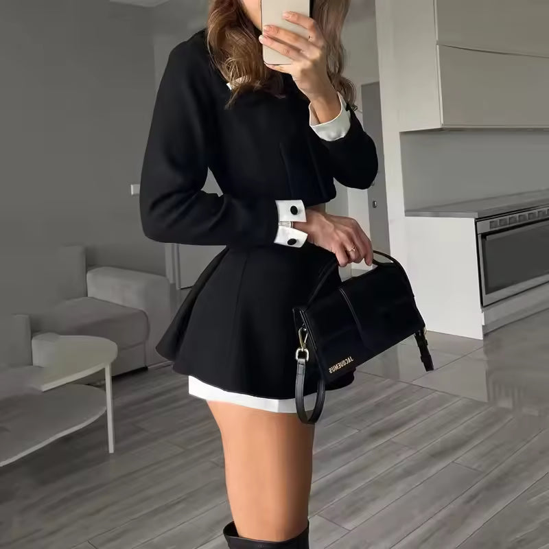 Temperament Woolen Skirt Two Piece Set Women Contrast Color Slim Short Coat Mini Skirts 2 Piece Sets Elegant Style Female New