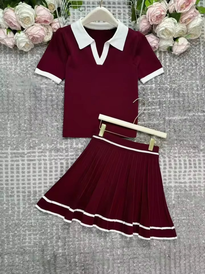 2025 New Summer 2 pieces Women's Sets Polo Collar Short Sleeve Tops and Pleated Sexy Mini Skirts Outfits Suit for Female