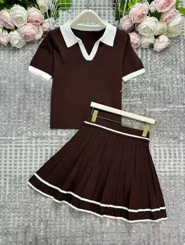 2025 New Summer 2 pieces Women's Sets Polo Collar Short Sleeve Tops and Pleated Sexy Mini Skirts Outfits Suit for Female