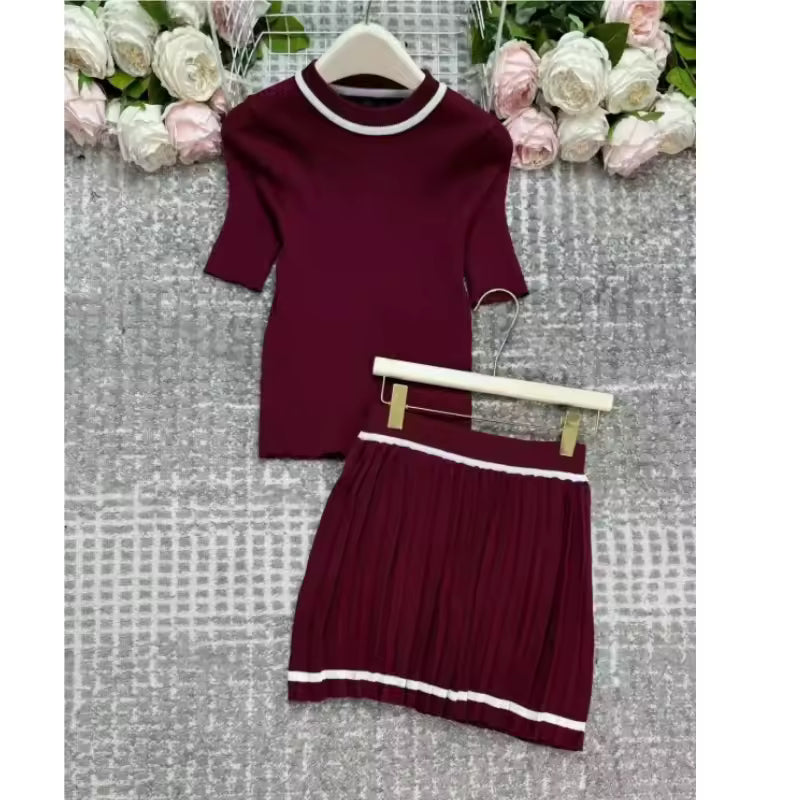 2025 New Y2K Summer 2 pieces Women's Sets O-Neck Short Sleeve Tops and Pleated Sexy Mini Skirts Outfits Suit for Female
