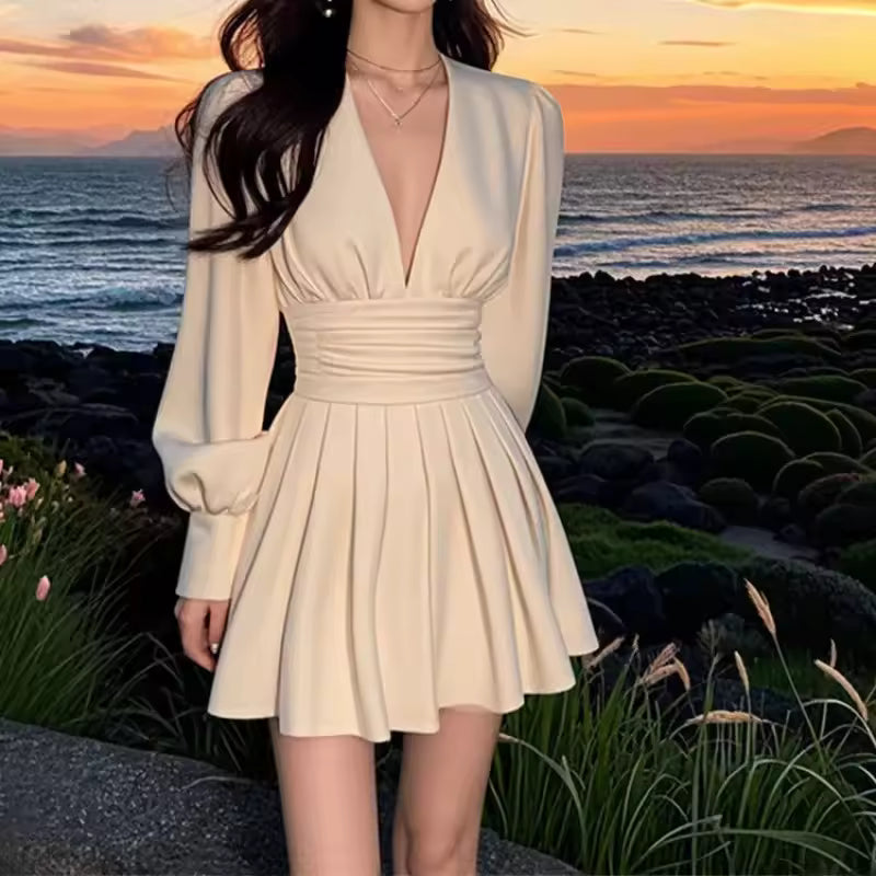 2024 New Style Slimming Long Sleeve V-Neck Short Skirt Pleated Maturity Light Design Fashionable