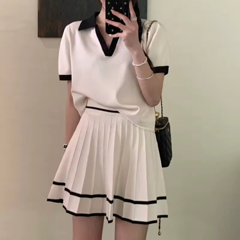 2025 New Summer 2 pieces Women's Sets Polo Collar Short Sleeve Tops and Pleated Sexy Mini Skirts Outfits Suit for Female