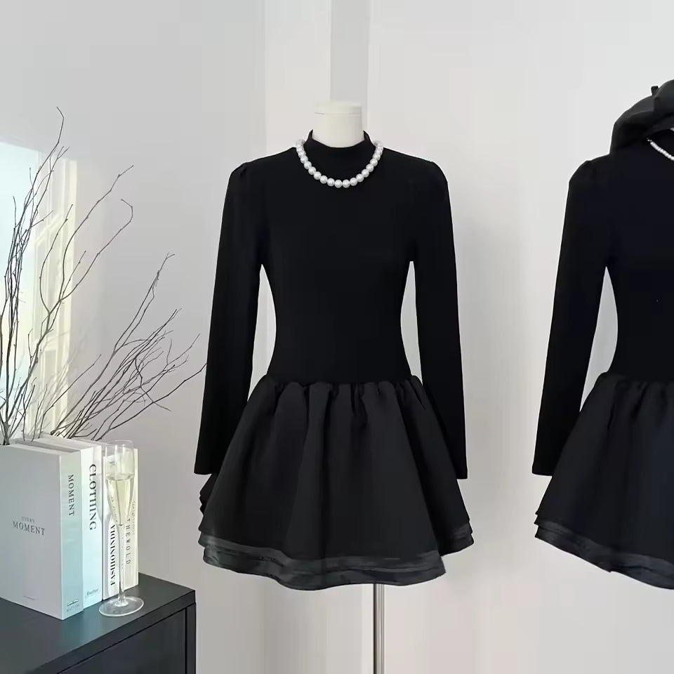 French Elegance Semi-High Collar Princess Style Puffy Skirt Dress Women's Fashion Slimming Autumn Winter New Arrival