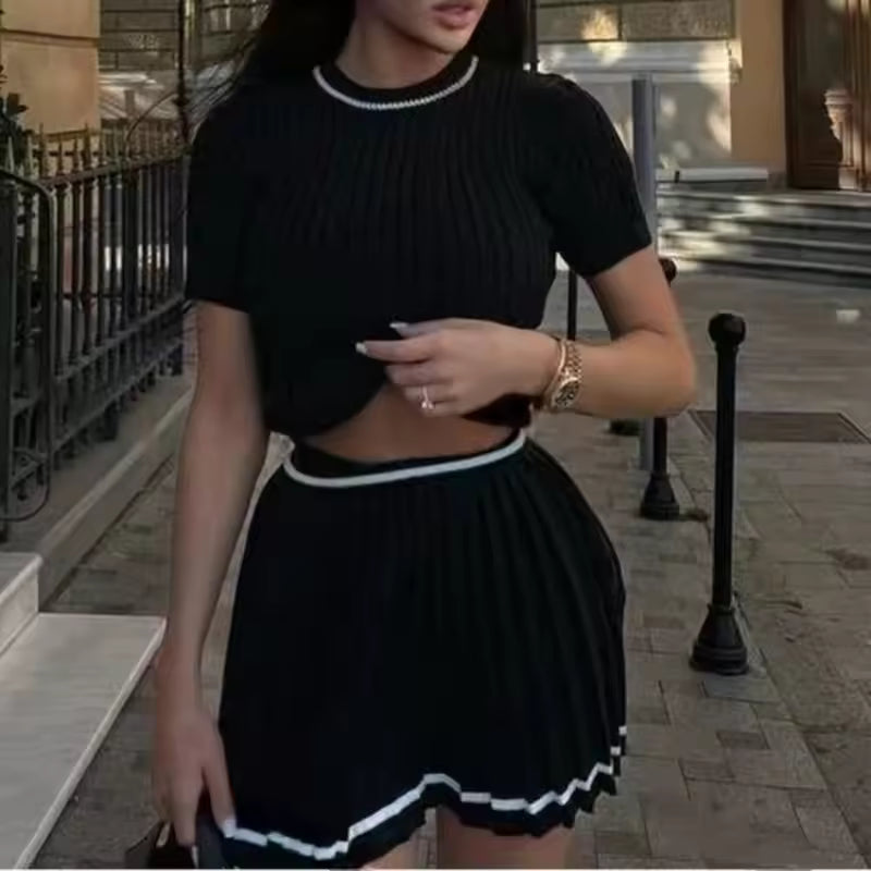 2025 New Y2K Summer 2 pieces Women's Sets O-Neck Short Sleeve Tops and Pleated Sexy Mini Skirts Outfits Suit for Female