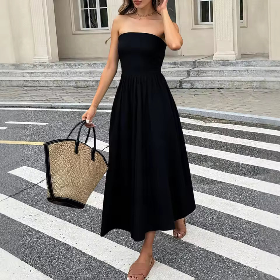 All season fashion dress plain puff sleeve off shoulder boat neck A-line commemorative milkmaid dress