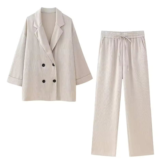 European and American Style Spring and Summer New Women's Clothing Wrinkle Effect Double Breasted Suit Jacket Pants Set