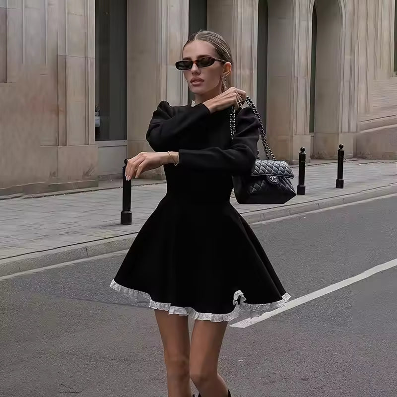 Dress Women New Autumn Fashion Streetwear O-Neck Lace Slim Black Dress Female Clubwear Elegant Party Mini Dresses