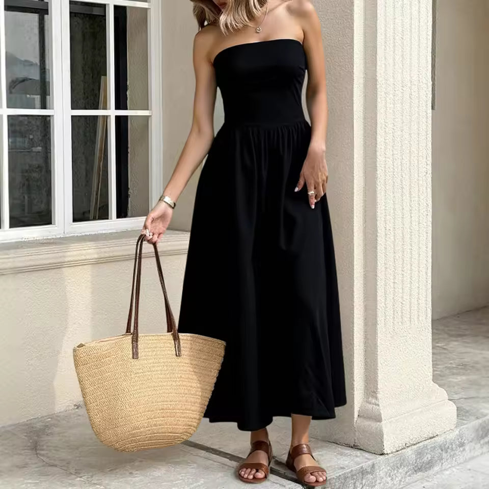 All season fashion dress plain puff sleeve off shoulder boat neck A-line commemorative milkmaid dress