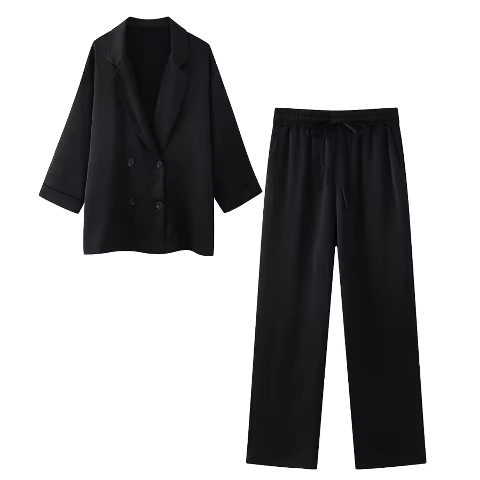 European and American Style Spring and Summer New Women's Clothing Wrinkle Effect Double Breasted Suit Jacket Pants Set