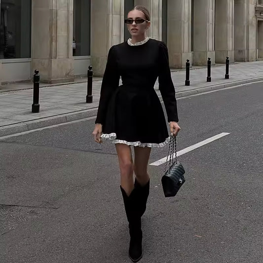 Dress Women New Autumn Fashion Streetwear O-Neck Lace Slim Black Dress Female Clubwear Elegant Party Mini Dresses