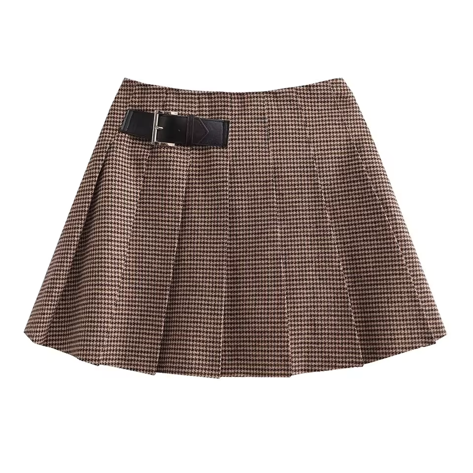 Autumn New Loose and Slim Suit Coat Leather Buckle Decoration Wide Pleated Skirt Pants Two Piece Set