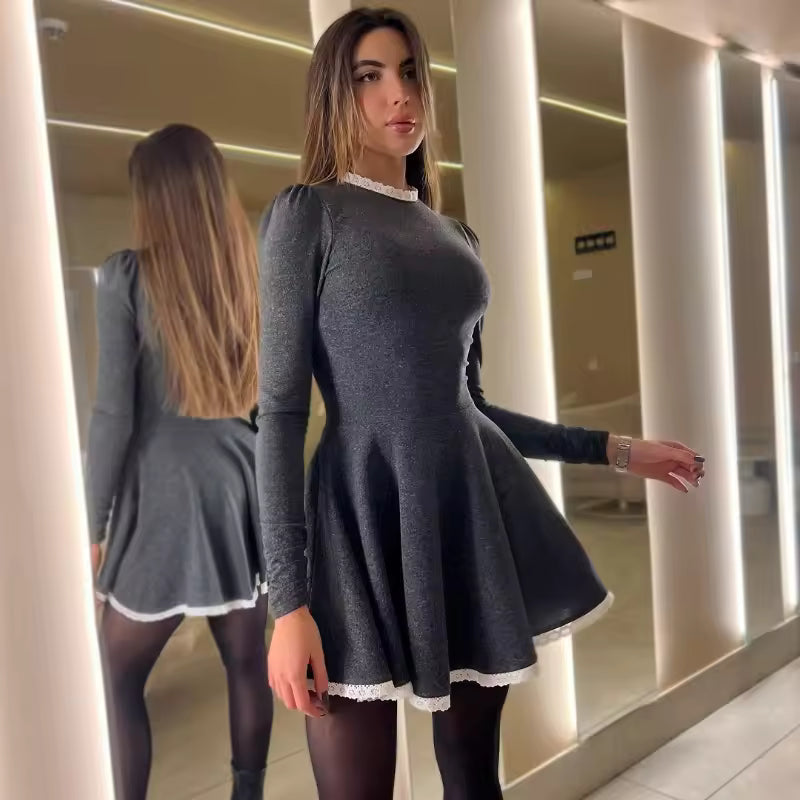 Dress Women New Autumn Fashion Streetwear O-Neck Lace Slim Black Dress Female Clubwear Elegant Party Mini Dresses