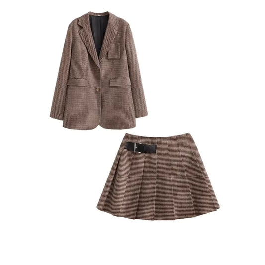 Autumn New Loose and Slim Suit Coat Leather Buckle Decoration Wide Pleated Skirt Pants Two Piece Set