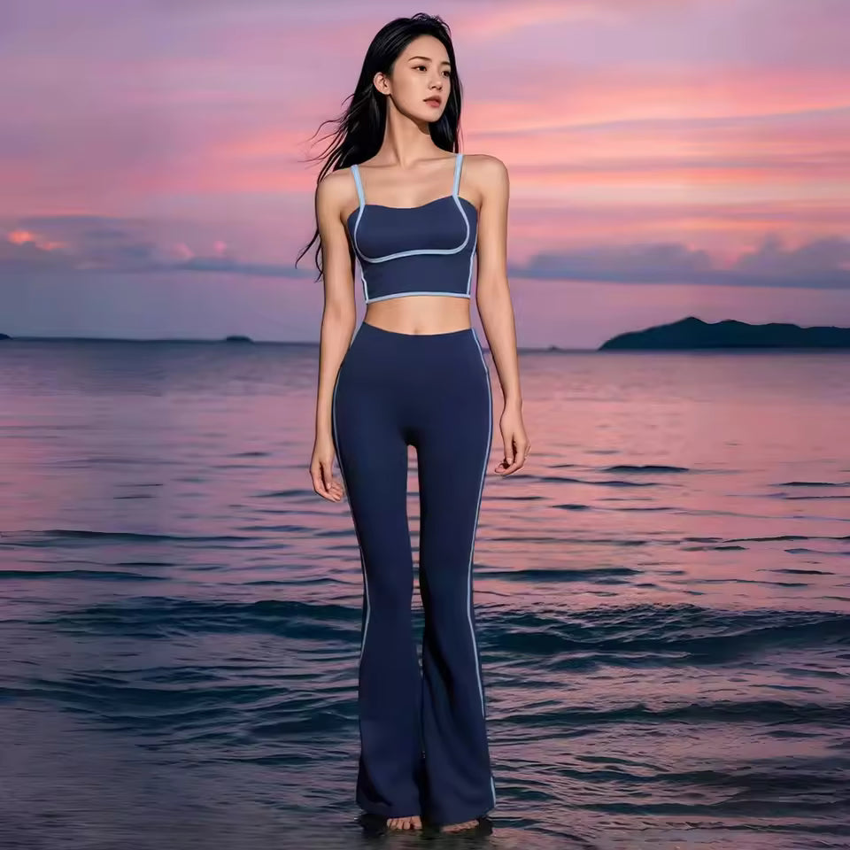 2025 New Striped Fashion Yoga Set Women Gym Clothes Sexy Sports Bra High Waist Yoga Flared Pants Running Hip Lift Fitness Pants