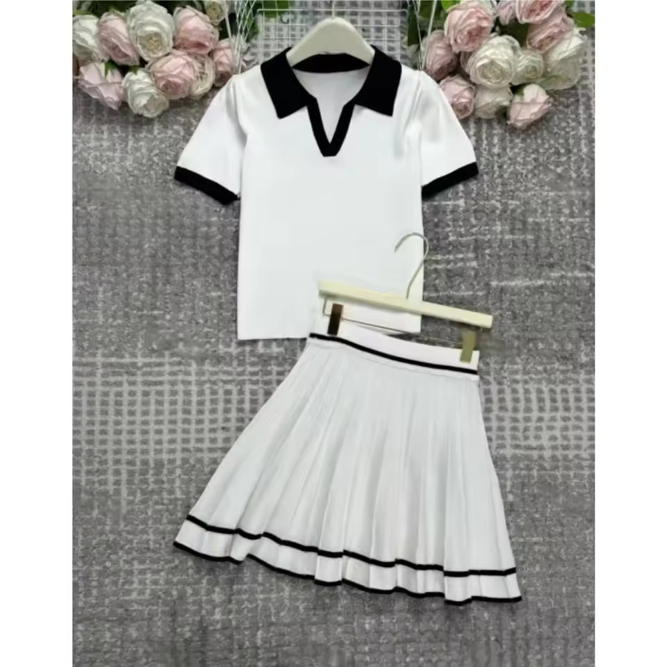 2025 New Summer 2 pieces Women's Sets Polo Collar Short Sleeve Tops and Pleated Sexy Mini Skirts Outfits Suit for Female