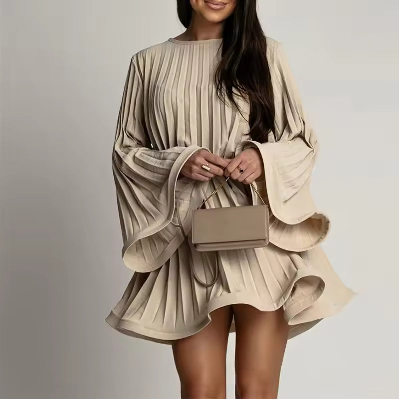 2024 08 New Spring Summer Elegant Pleated Dress Women Fashion Solid Round Neck Flared Sleeve Lace-up Pleated Mini Dress Women