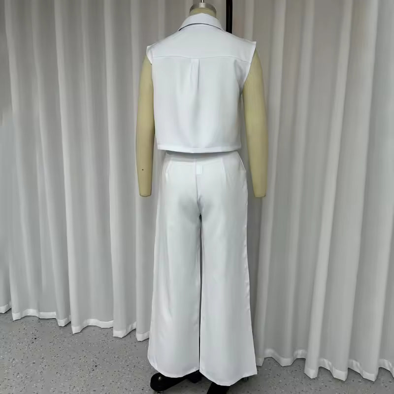 Wefads Women Two Piece Set Office Fashion Laple Contrast Button Sleeveless Vest Jacket Slim Top Loose With Pockets Pants Sets