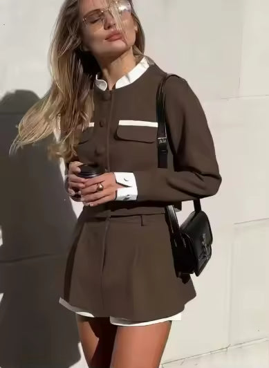 Temperament Woolen Skirt Two Piece Set Women Contrast Color Slim Short Coat Mini Skirts 2 Piece Sets Elegant Style Female New