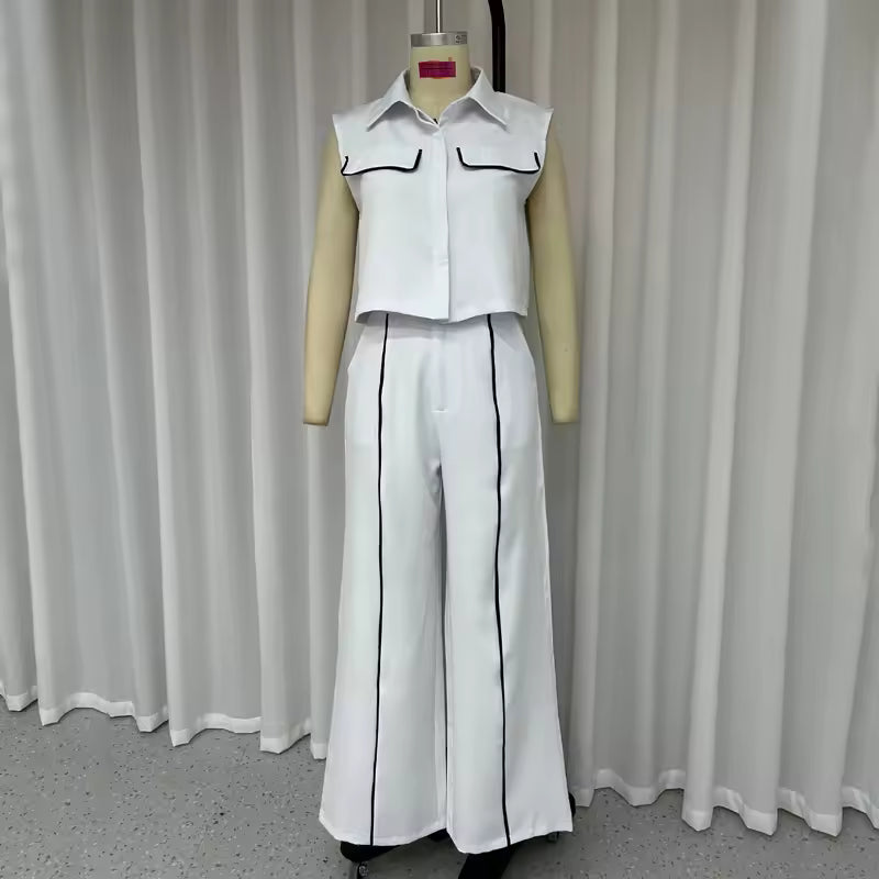 Wefads Women Two Piece Set Office Fashion Laple Contrast Button Sleeveless Vest Jacket Slim Top Loose With Pockets Pants Sets
