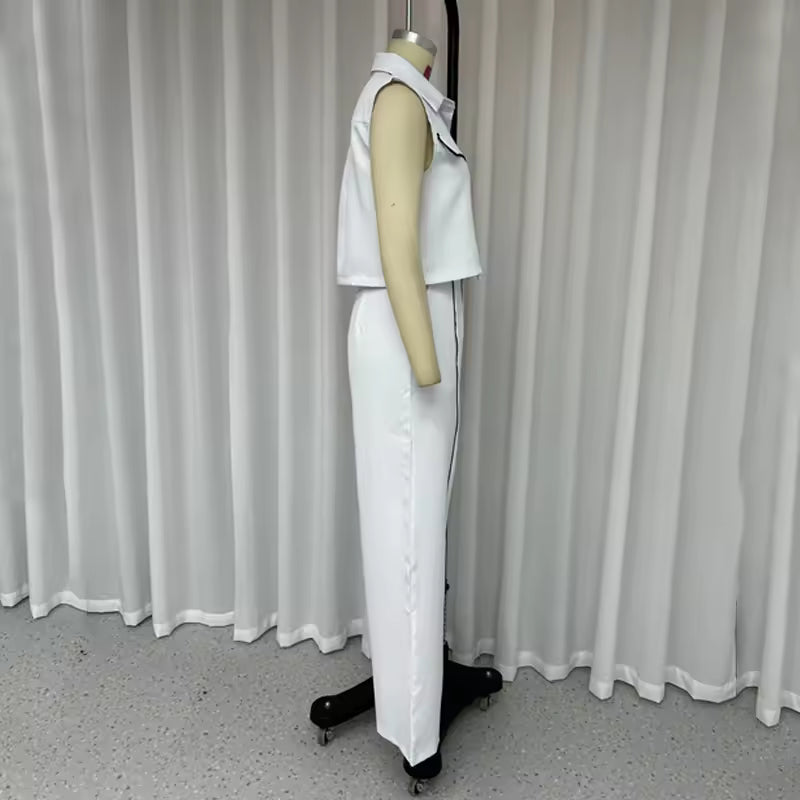 Wefads Women Two Piece Set Office Fashion Laple Contrast Button Sleeveless Vest Jacket Slim Top Loose With Pockets Pants Sets