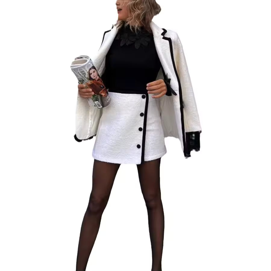 Women's Autumn Winter High-End Vintage Woolen Blazer Two-Piece Set Mid-Length Sleeve Waist-Cinched