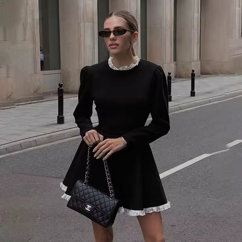 Dress Women New Autumn Fashion Streetwear O-Neck Lace Slim Black Dress Female Clubwear Elegant Party Mini Dresses