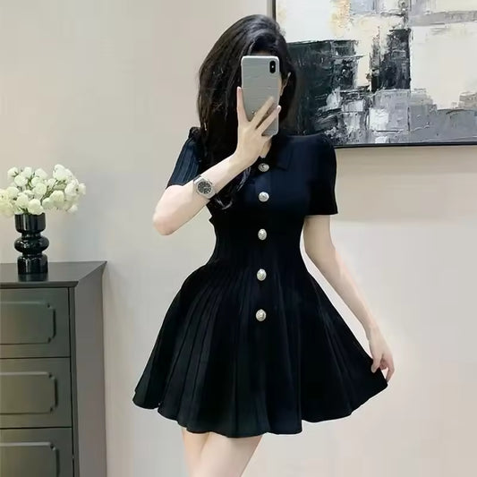 Summer New Design Polo Collar Slim Fit Knitted Short Skirt French Single Button Waist Cinching Dress Elegance Fashion Dress