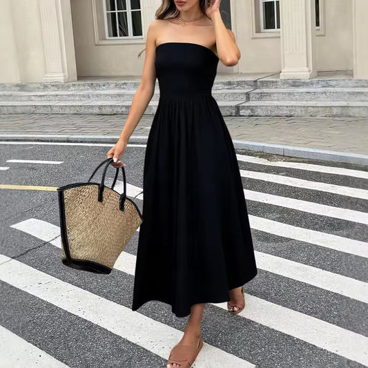 Muse Dresses All Season Fashion Korean Plain Bubble Sleeve Off Shoulder Boat Neck Midi A-Line Anniversary Milkmaid Dresses