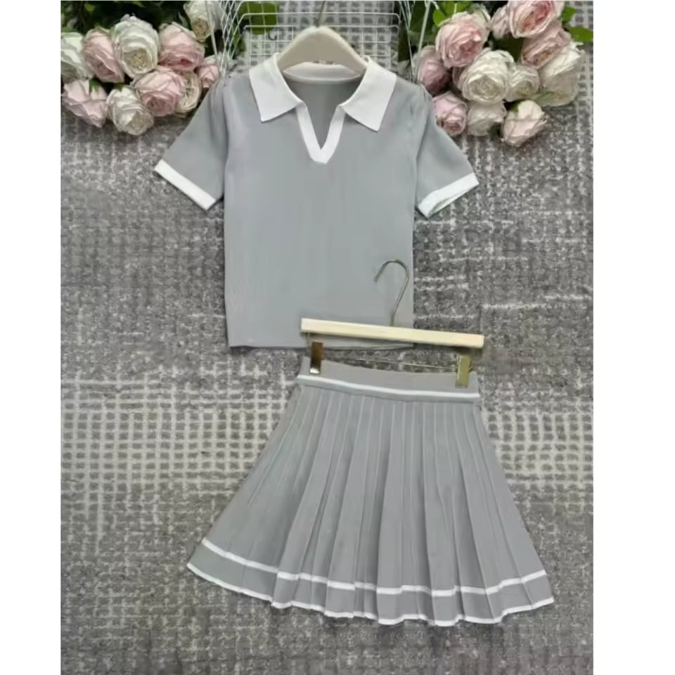 2025 New Summer 2 pieces Women's Sets Polo Collar Short Sleeve Tops and Pleated Sexy Mini Skirts Outfits Suit for Female