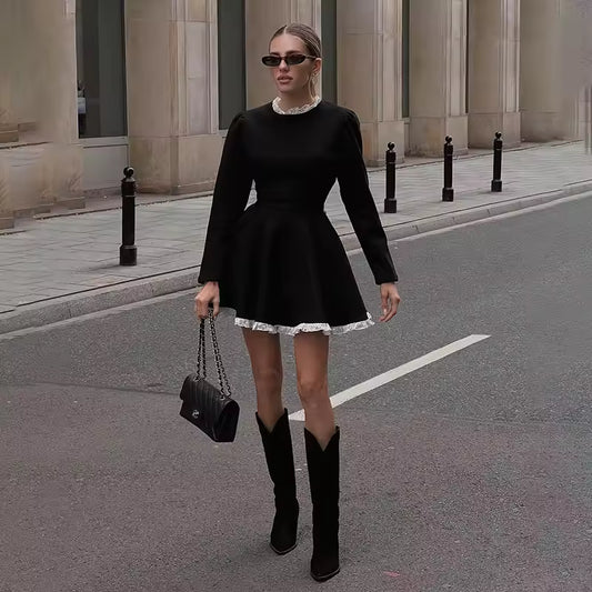Dress Women New Autumn Fashion Streetwear O-Neck Lace Slim Black Dress Female Clubwear Elegant Party Mini Dresses