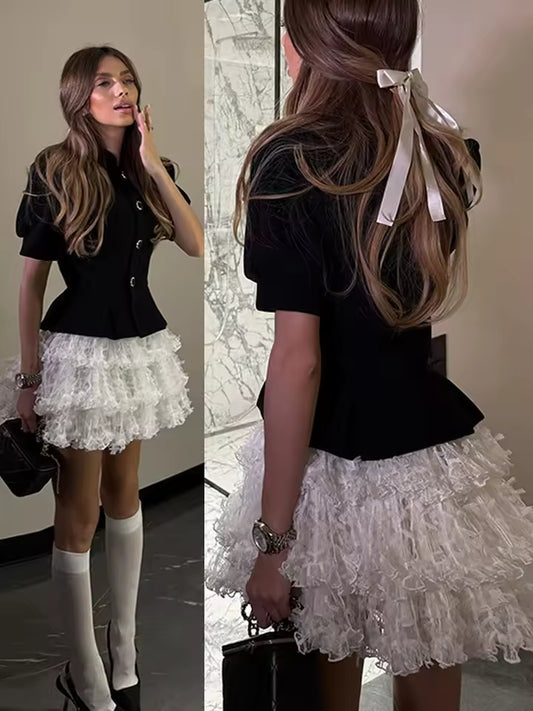 Patchwork Mesh Mini Dresses Women Short Lantern Sleeves O Neck Layered Lace Dress Female 2025 New Chic Summer Fluffy Party Wear
