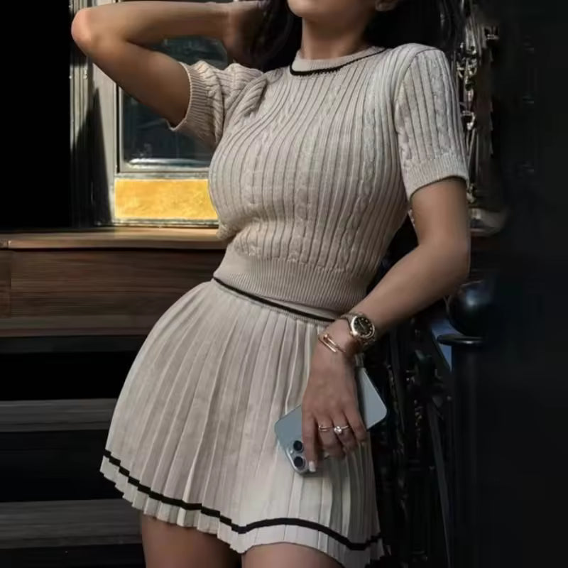 2025 New Y2K Summer 2 pieces Women's Sets O-Neck Short Sleeve Tops and Pleated Sexy Mini Skirts Outfits Suit for Female