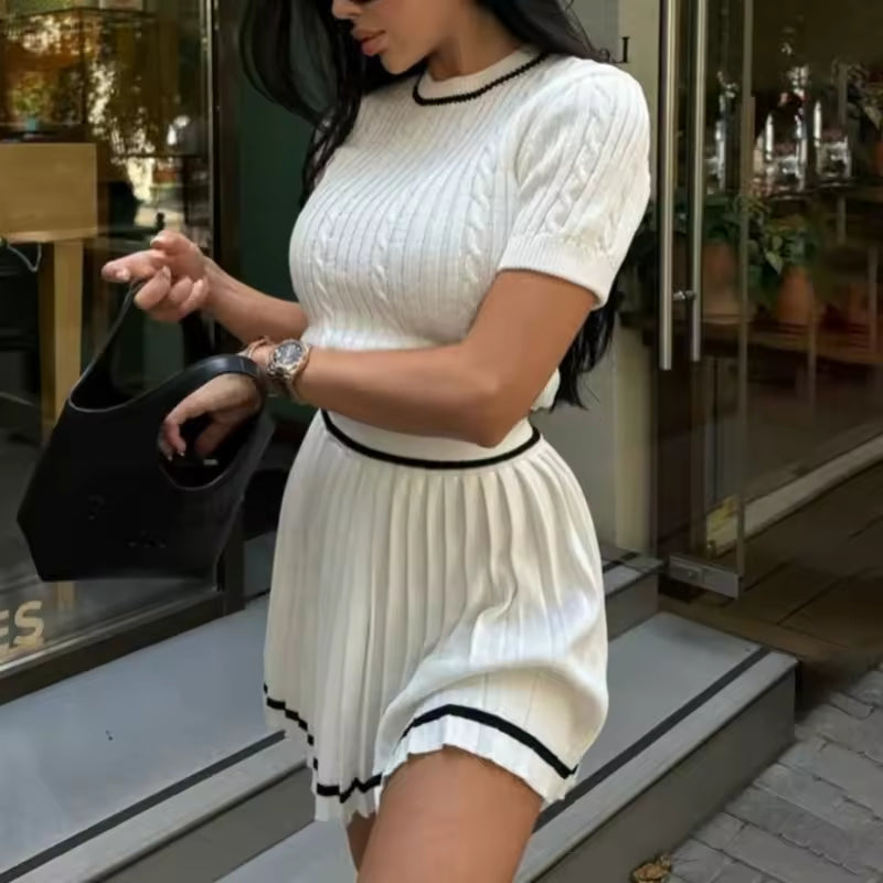 2025 New Y2K Summer 2 pieces Women's Sets O-Neck Short Sleeve Tops and Pleated Sexy Mini Skirts Outfits Suit for Female