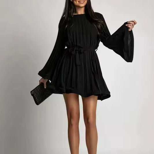 2024 08 New Spring Summer Elegant Pleated Dress Women Fashion Solid Round Neck Flared Sleeve Lace-up Pleated Mini Dress Women