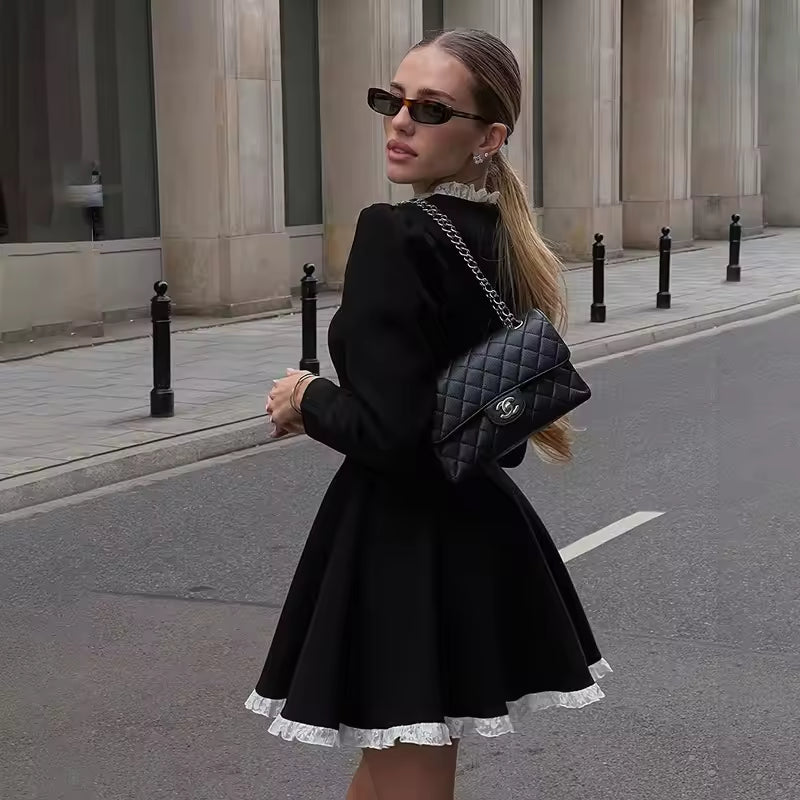 Dress Women New Autumn Fashion Streetwear O-Neck Lace Slim Black Dress Female Clubwear Elegant Party Mini Dresses