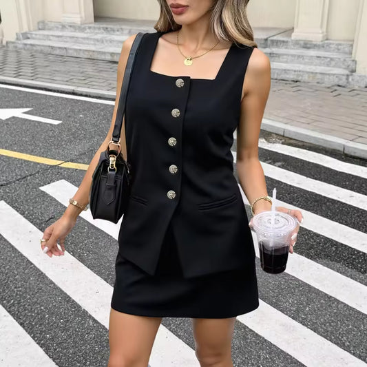 Mia Muse Sets Summer Simple Decent Solid Color Button Front Sleeveless Square Neck High Waist Skirt Office Lady Sets For Women