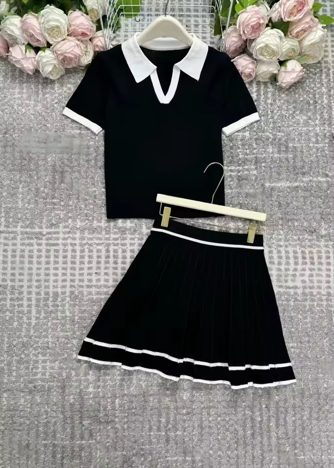 2025 New Summer 2 pieces Women's Sets Polo Collar Short Sleeve Tops and Pleated Sexy Mini Skirts Outfits Suit for Female