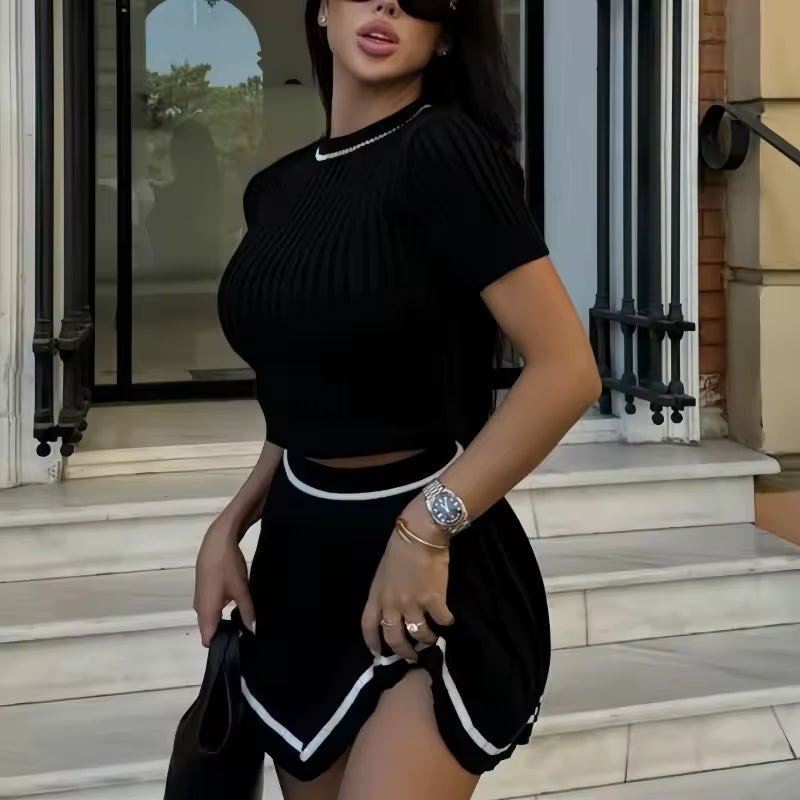 2025 New Y2K Summer 2 pieces Women's Sets O-Neck Short Sleeve Tops and Pleated Sexy Mini Skirts Outfits Suit for Female