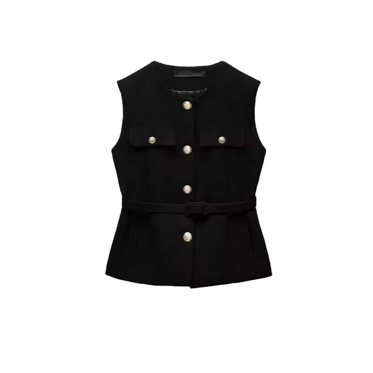 Spring New Women's Simple Sle round Ne Metal Bule Decoration Belted Punk Texture Vest Polyester Fiber 00% Commute Sle